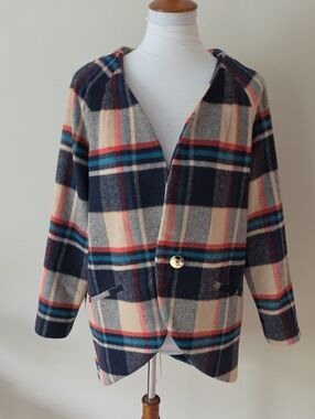 Alice's Pig  Navy and Tan Plaid Hooded Coat